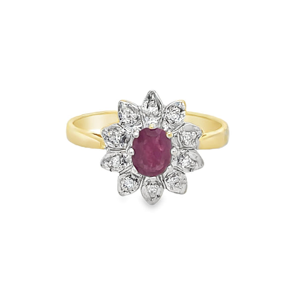 Pre Owned Ruby & Diamond Cluster Ring 9ct Gold