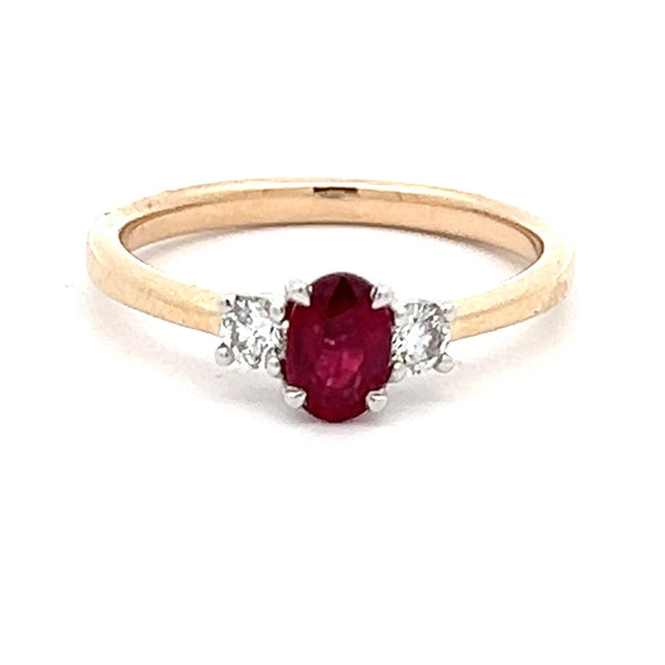 9ct Yellow Gold Oval Ruby & Diamond Trilogy Ring