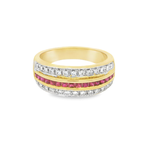 18ct Gold Yellow Ruby & Diamond Triple Row Ring