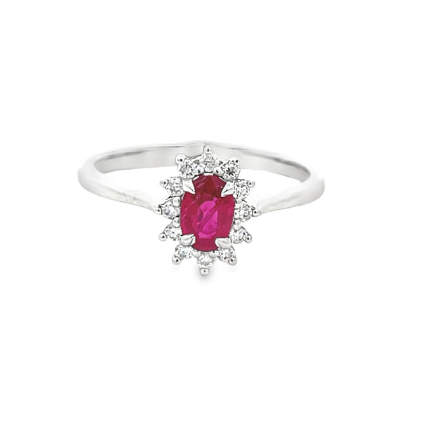 18ct White Gold Oval Ruby & Diamond Cluster Ring