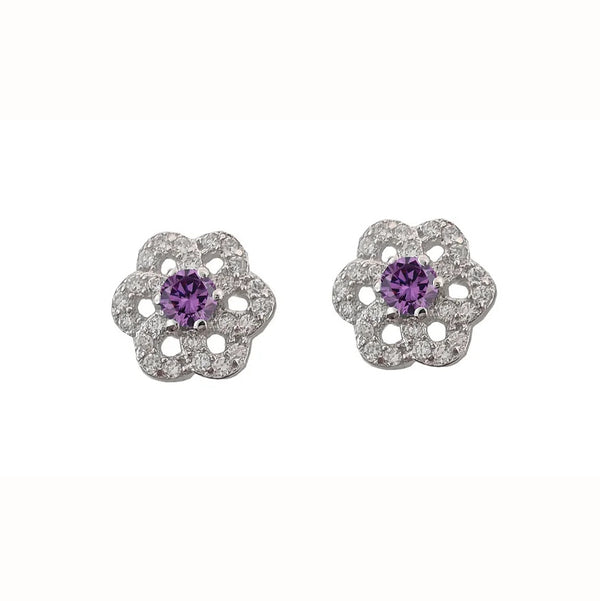 Sterling Silver Purple CZ Flower Earrings