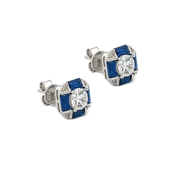 Sapphire Blue CZ Hexagonal Stud Earrings side