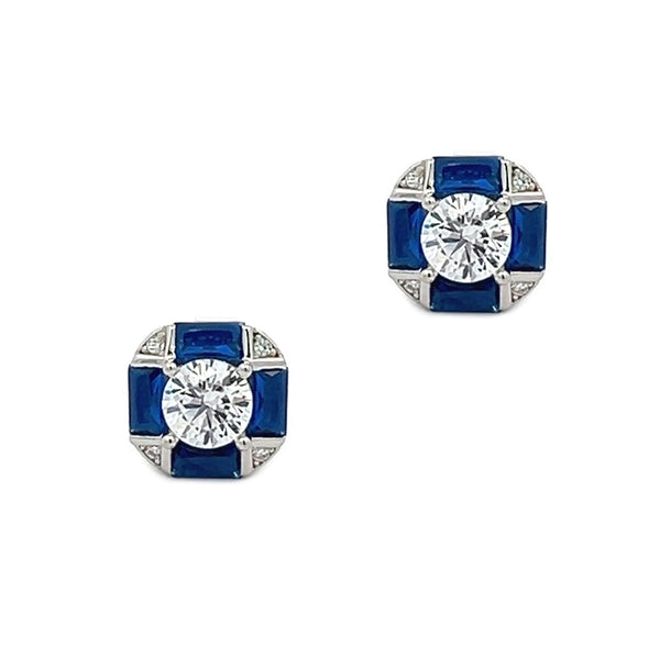 Sapphire Blue CZ Hexagonal Stud Earrings