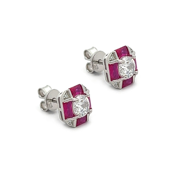 Ruby Red CZ Hexagonal Stud Earrings SIDE