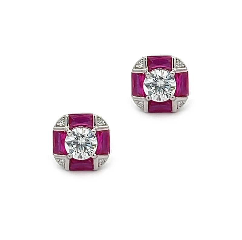 Ruby Red CZ Hexagonal Stud Earrings