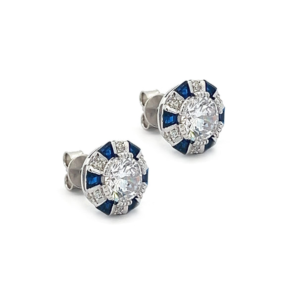 Sapphire Blue CZ Deco Style Stud Earrings side