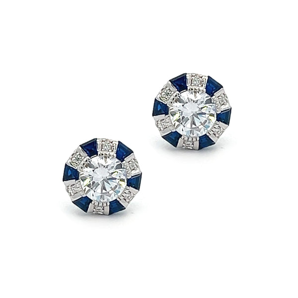 Sapphire Blue CZ Deco Style Stud Earrings