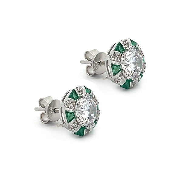 Emerald Green CZ Deco Style Stud Earrings side