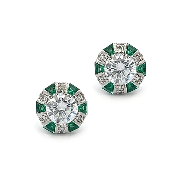 Emerald Green CZ Deco Style Stud Earrings