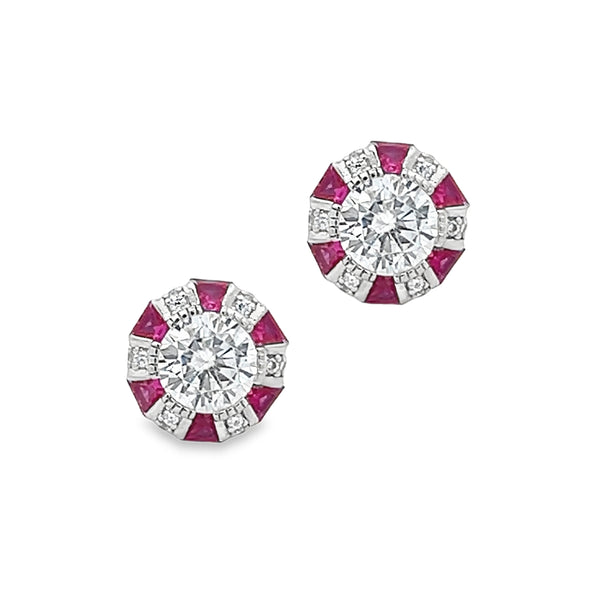 Ruby Red CZ Deco Style Stud Earrings