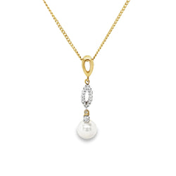 9ct Yellow Gold Cultured Pearl & Diamond Drop Necklace