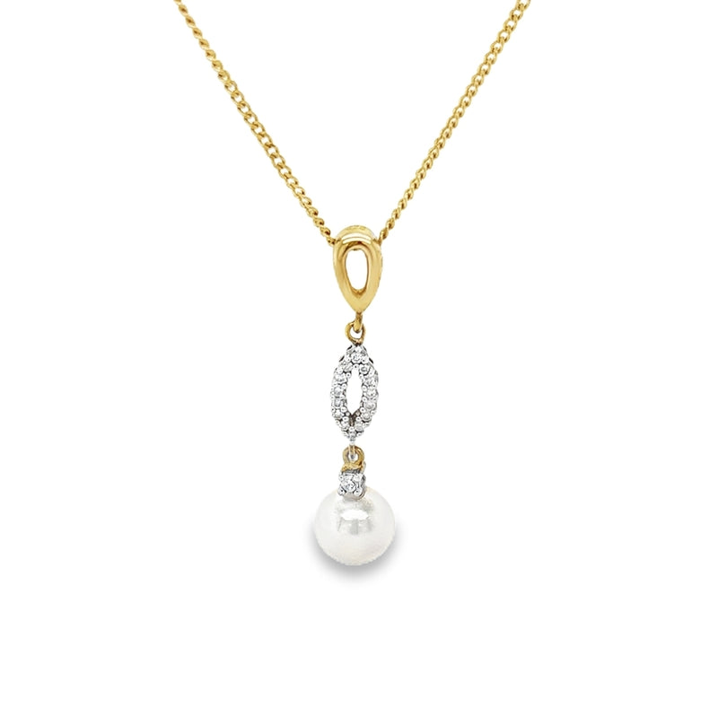 9ct Yellow Gold Cultured Pearl & Diamond Drop Necklace