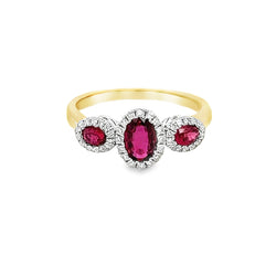 Ruby & Diamond 3 Stone Halo Ring 9ct Gold