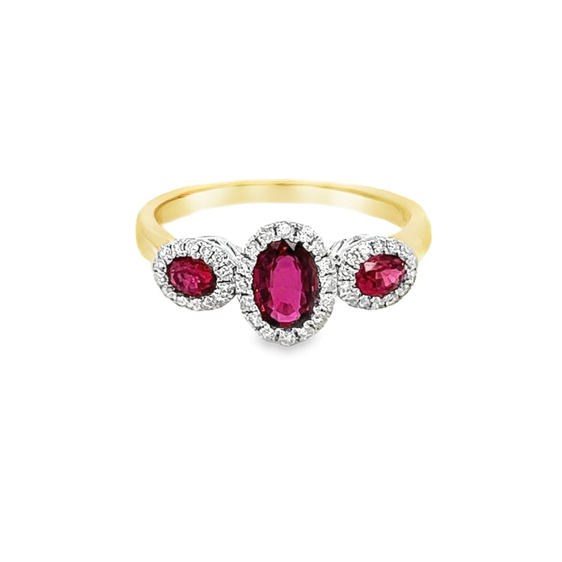 Ruby & Diamond 3 Stone Halo Ring 9ct Gold