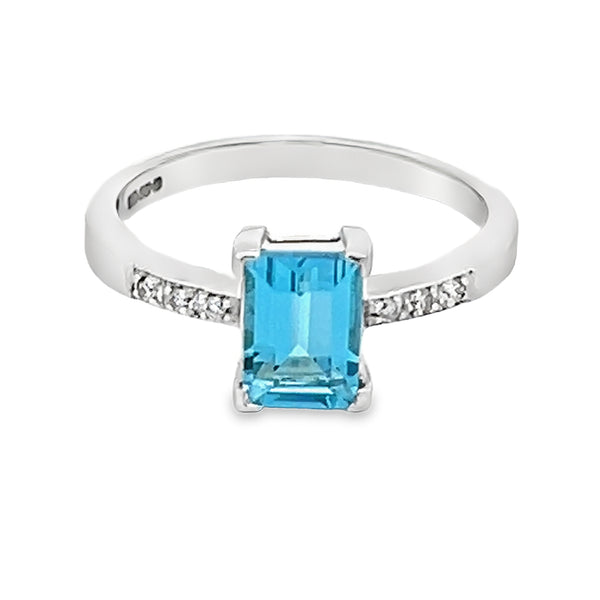 Rectangular Blue Topaz & Diamond Ring 9ct White Gold