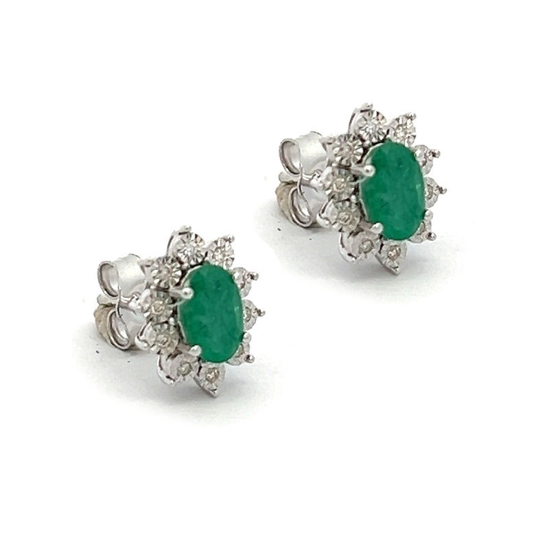 9ct White Gold Oval Emerald & Diamond Illusion Set Cluster Earrings