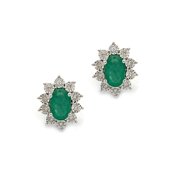 9ct White Gold Oval Emerald & Diamond Illusion Set Cluster Earrings