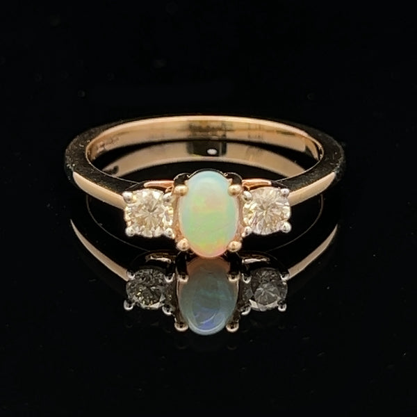 9ct Yellow Gold Opal & Diamond Trilogy Ring DARK VIEW