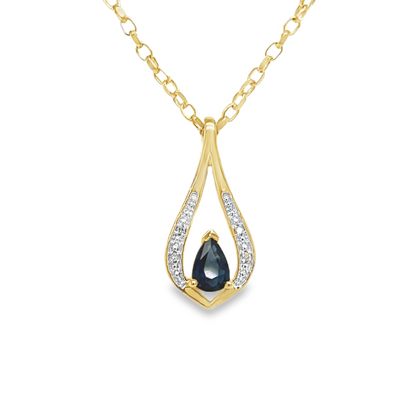 9ct Gold Pear Cut Sapphire & Diamond Drop Pendant