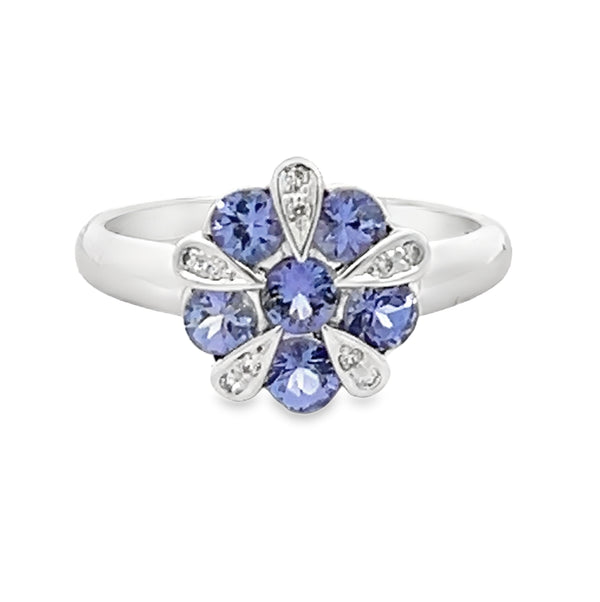 Tanzanite & Diamond Flower Cluster Ring 9ct White Gold