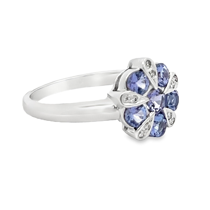 Tanzanite & Diamond Flower Cluster Ring 9ct White Gold side