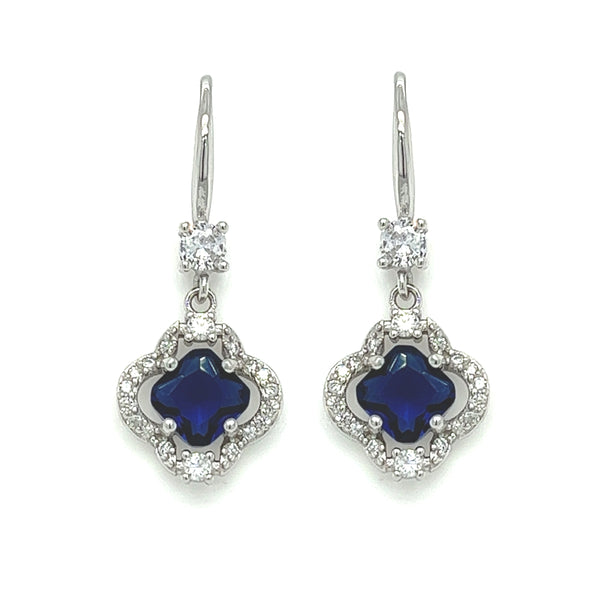 Sterling Silver CZ Blue Clover Drop Earrings