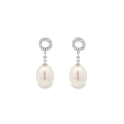 9ct White Gold Pearl & Diamond Circle Drop Earrings