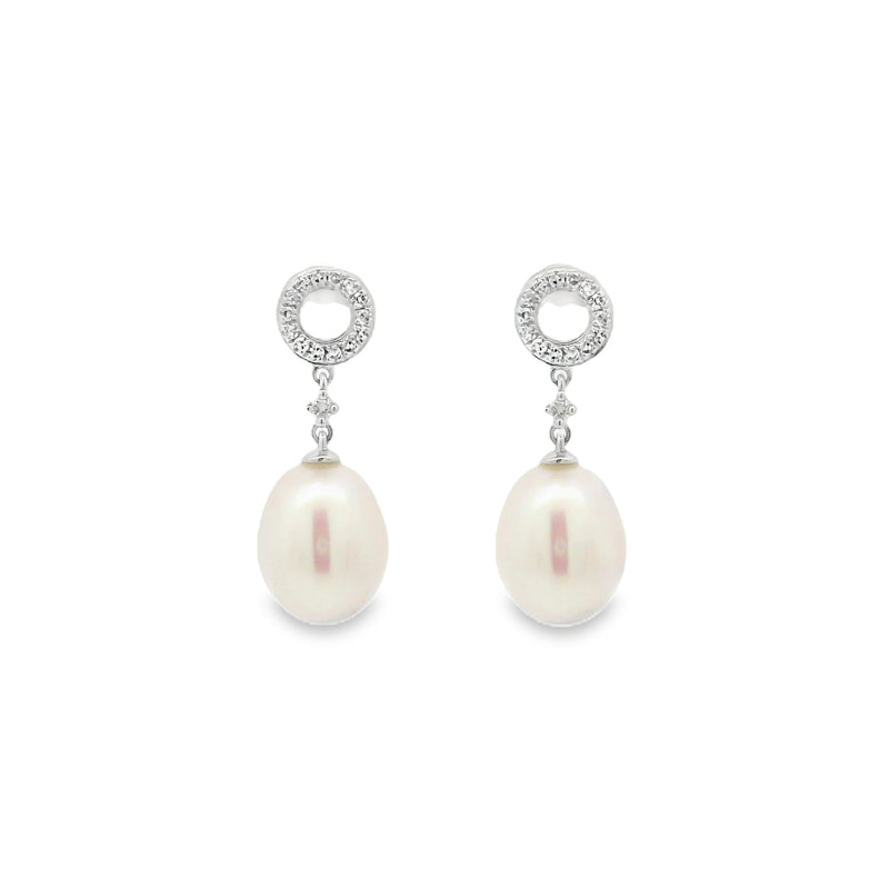 9ct White Gold Pearl & Diamond Circle Drop Earrings