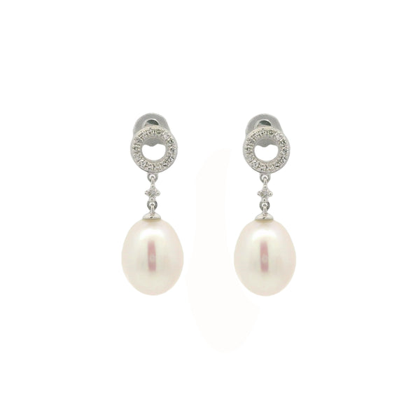 9ct White Gold Pearl & Diamond Circle Drop Earrings