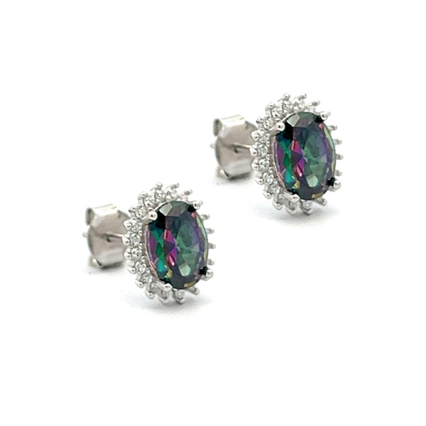 Sterling Silver Mystic Topaz & CZ Oval Cluster Earrings SIDE