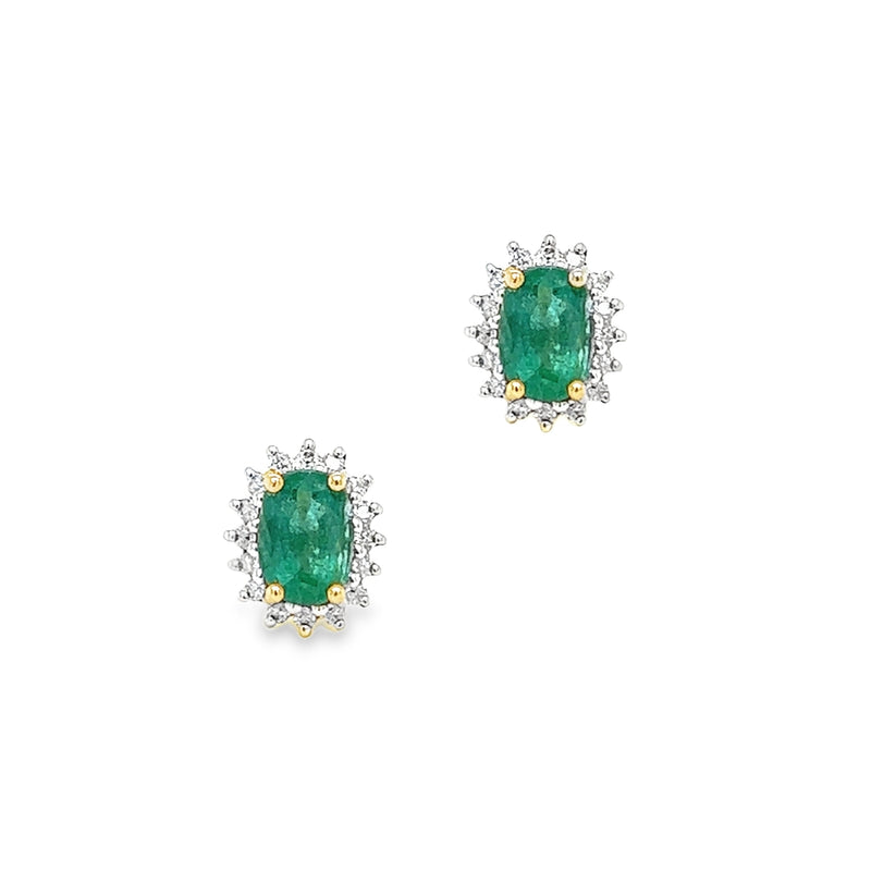 9ct Gold Oval Emerald & Diamond Cluster Earrings