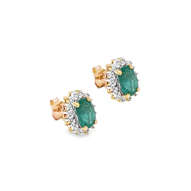 9ct Gold Oval Emerald & Diamond Cluster Earrings side