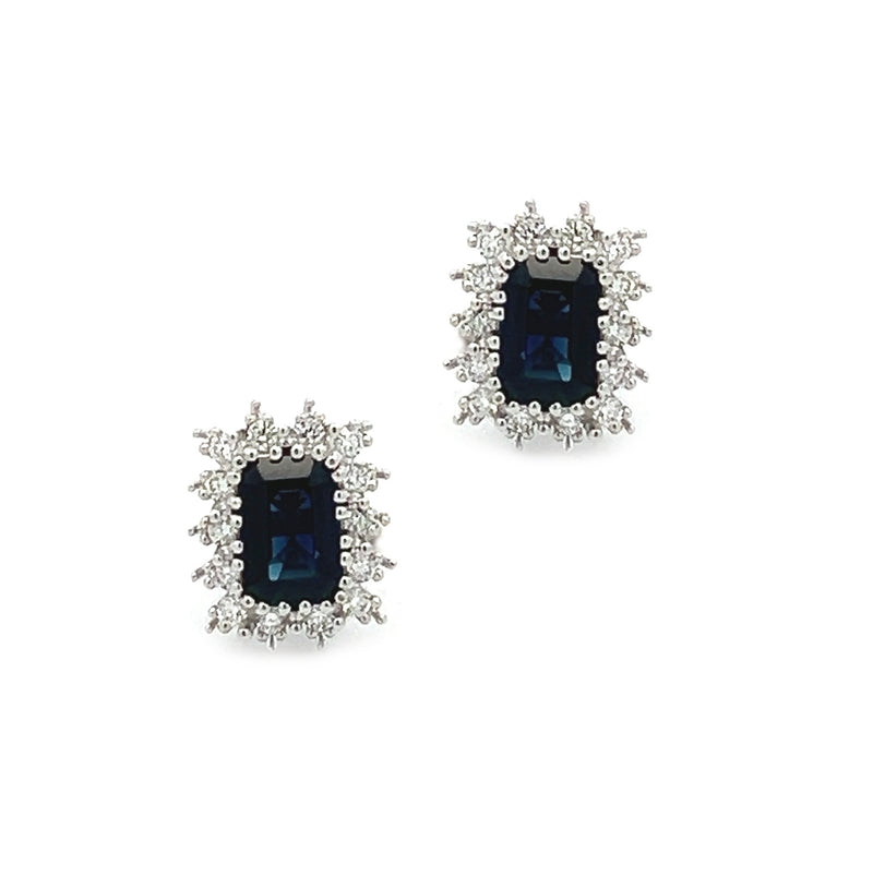 9ct White Gold Sapphire & Diamond Oblong Cluster Earrings