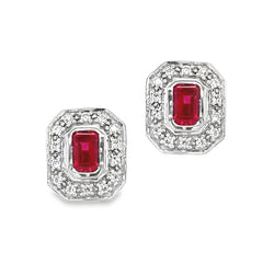 Silver Red & White CZ Octagonal Cluster Earrings