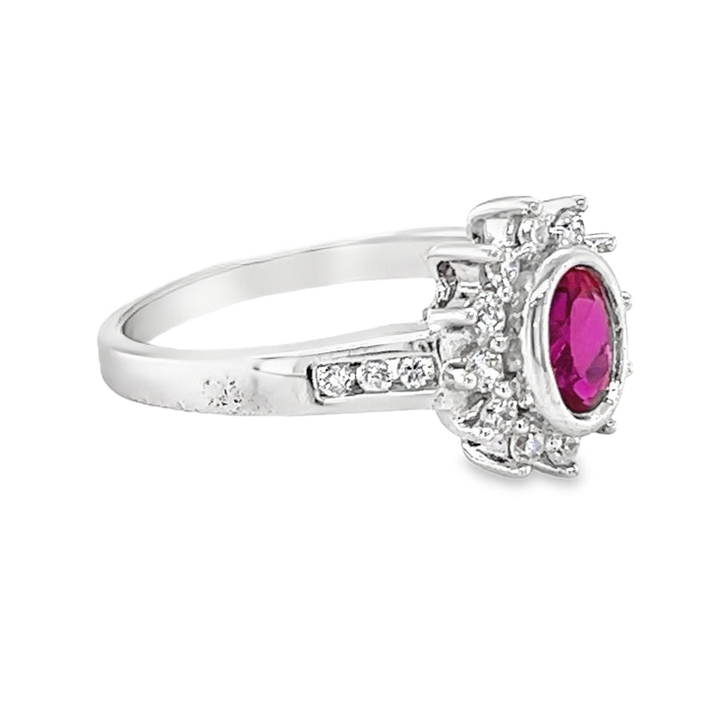 Silver Ruby Red & White CZ Oval Cluster Ring side