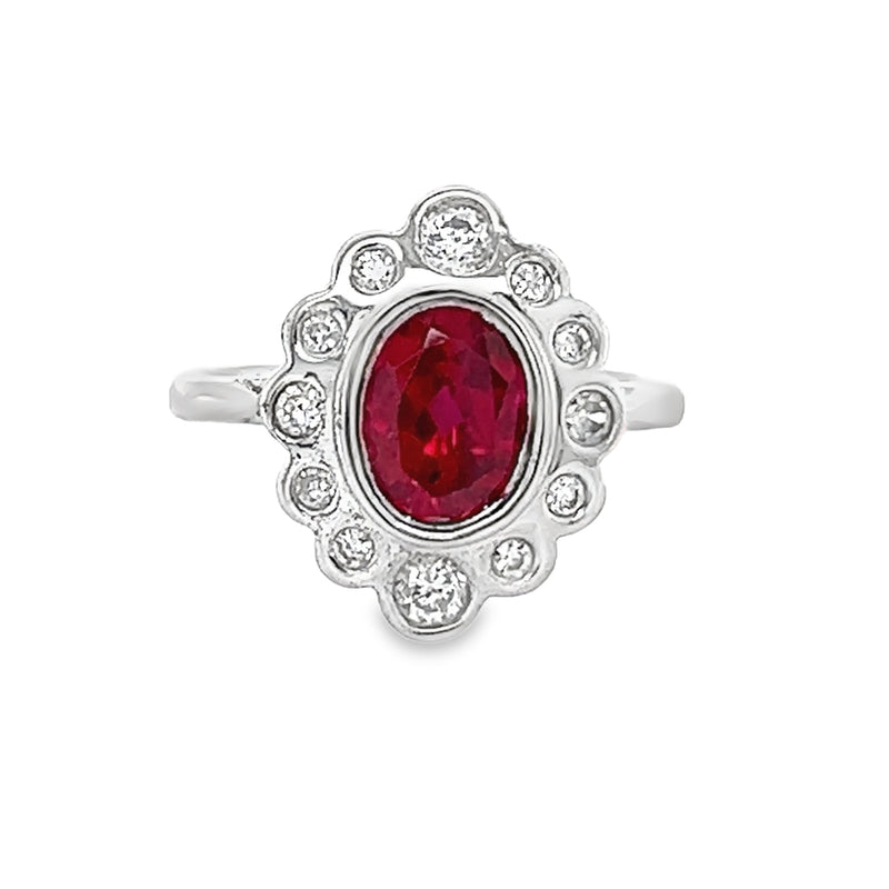 Sterling Silver Ruby Red & White CZ Oval Cluster Ring