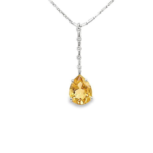 9ct White Gold Citrine & Diamond Drop Pendant