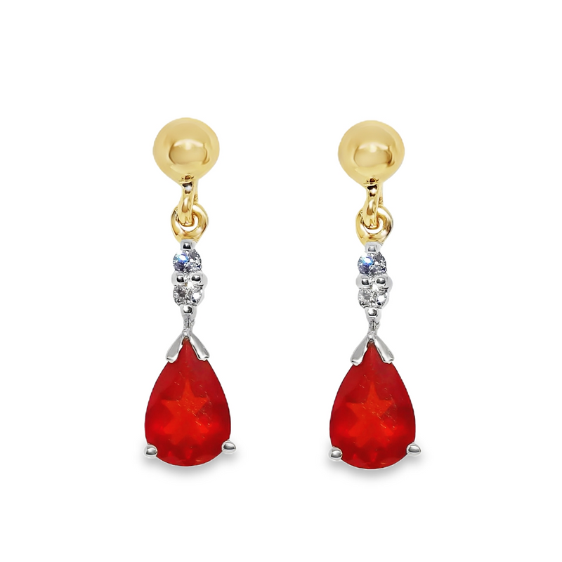 Fire Opal & Diamond Drop Earrings 9ct Yellow Gold