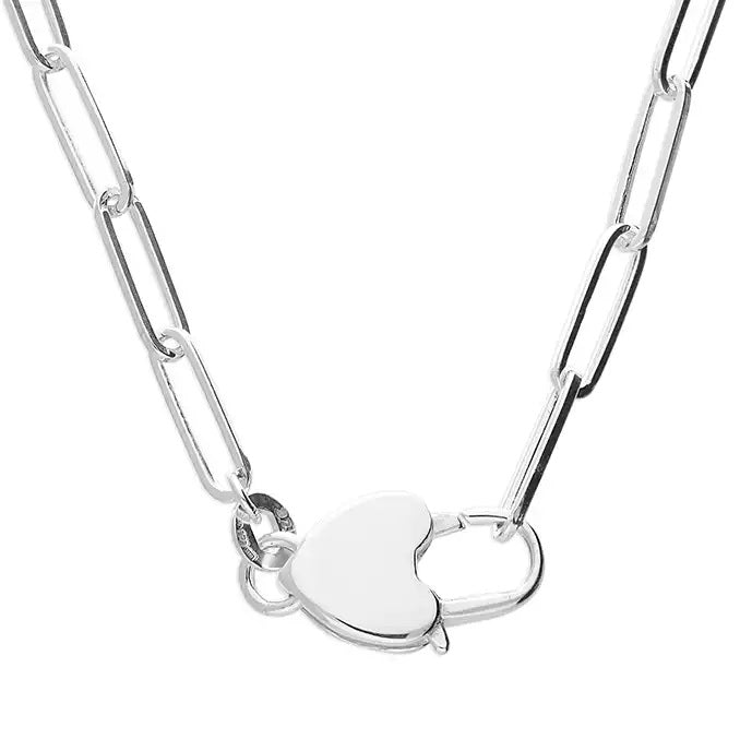 Sterling Silver Paper Chain Link Necklace with Padlock Heart