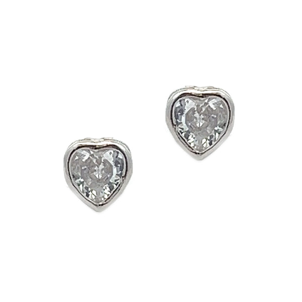 Sterling Silver Rub Over Set Heart CZ Earrings