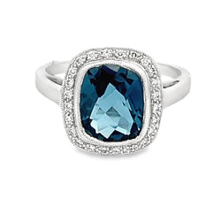 9ct White Gold Cushion Cut London Blue Topaz & Diamond Ring