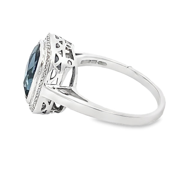 9ct White Gold Cushion Cut London Blue Topaz & Diamond Ring SIDE