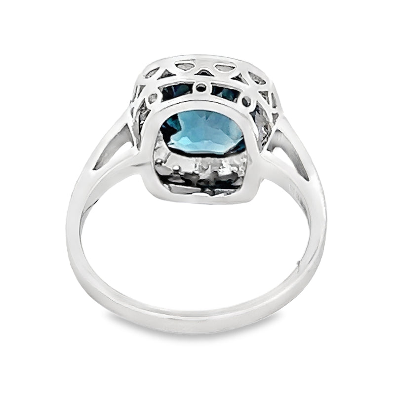 9ct White Gold Cushion Cut London Blue Topaz & Diamond Ring rear