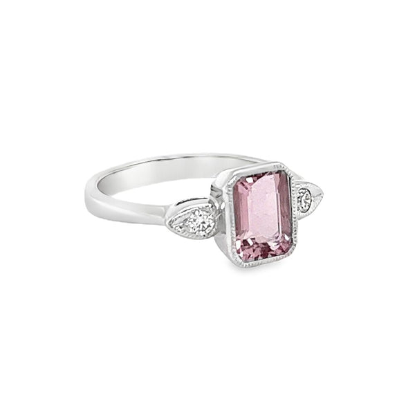 Pink Morganite & Diamond Octagonal Trilogy Ring 9ct White Gold side