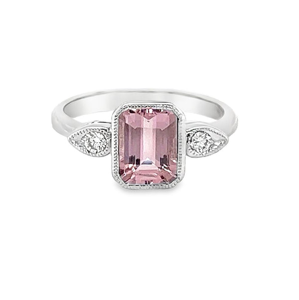 Pink Morganite & Diamond Octagonal Trilogy Ring 9ct White Gold