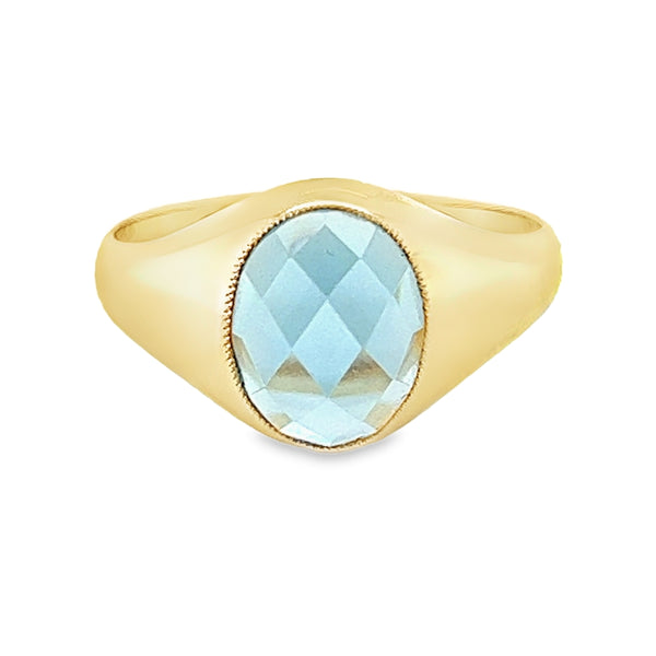 Faceted Oval Blue Topaz Signet Ring 9ct Gold