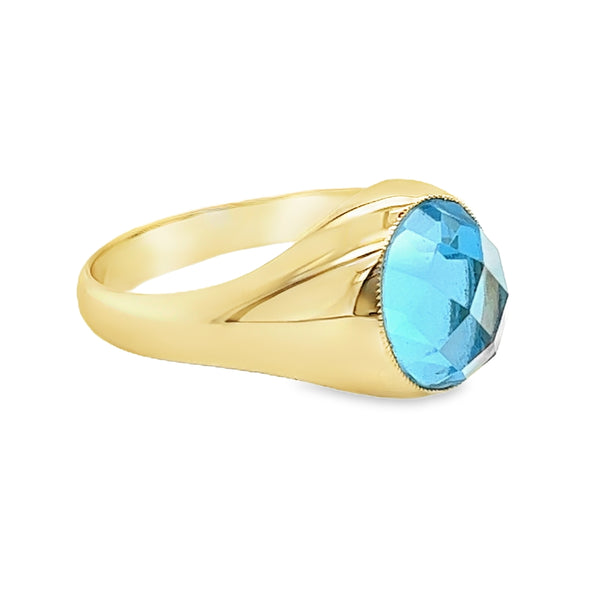 Faceted Oval Blue Topaz Signet Ring 9ct Gold side