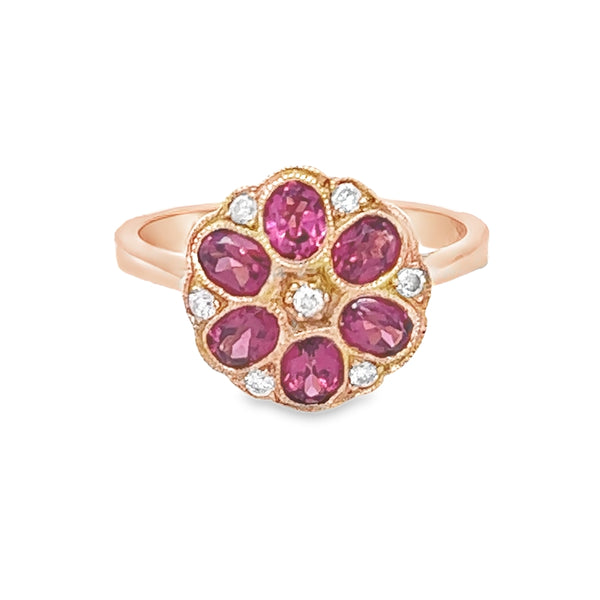 Rhodalite & Diamond Cluster Ring 9ct Gold