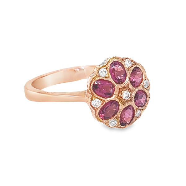 Rhodalite & Diamond Cluster Ring 9ct Gold side