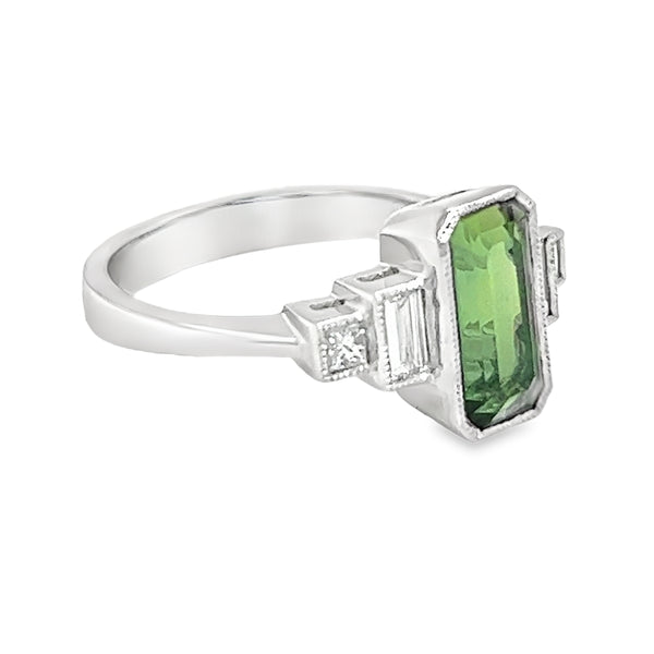 Green Tourmaline & Diamond Ring 18ct White Gold side